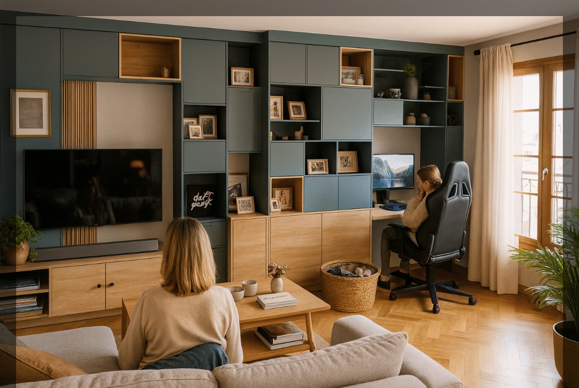 Bibliothèque et meuble TV sur-mesure intégrés dans un salon, vue d'ensemble
