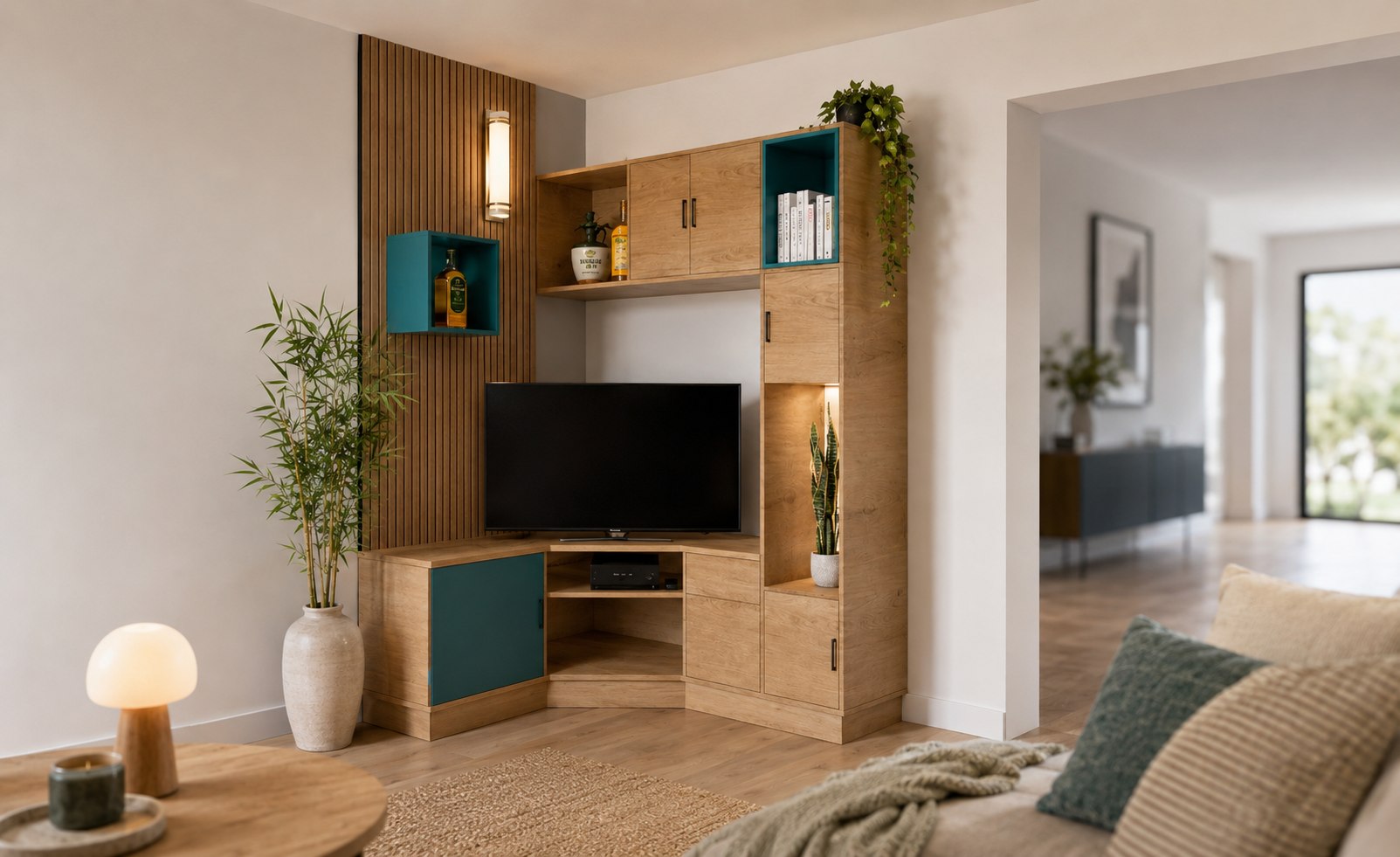 Meuble TV d'angle sur-mesure en bois et façades bleu canard, en situation dans un salon