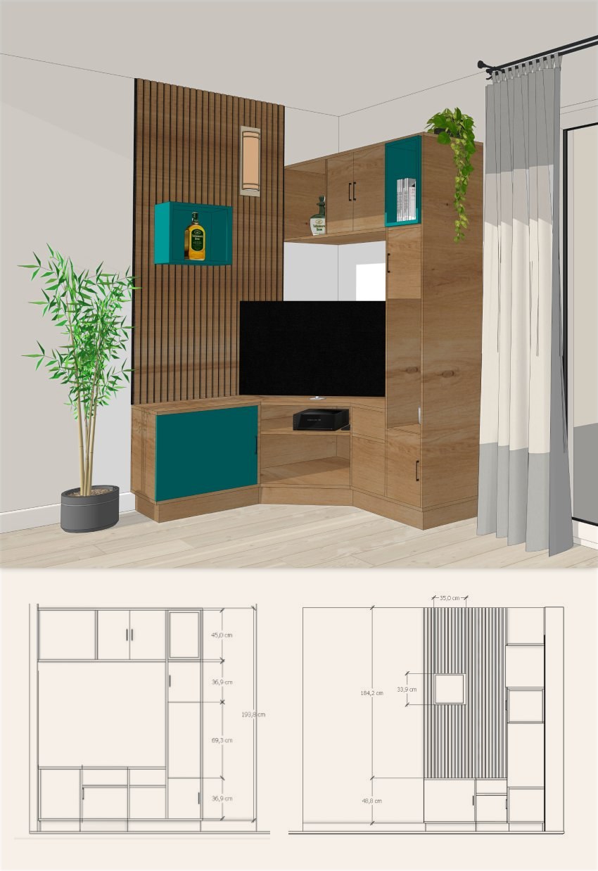 Modélisation 3D et plans d'élévation du meuble TV d'angle sur-mesure