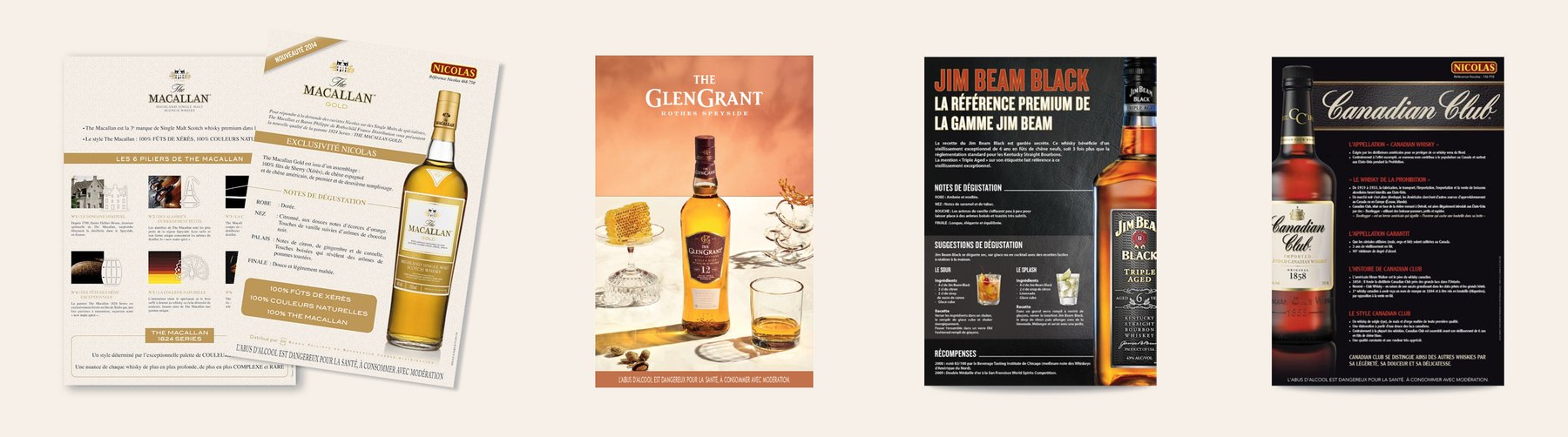 Affiches de la gamme par marque : Macallan, Glen Grant, Jim Beam Black, Canadian Club