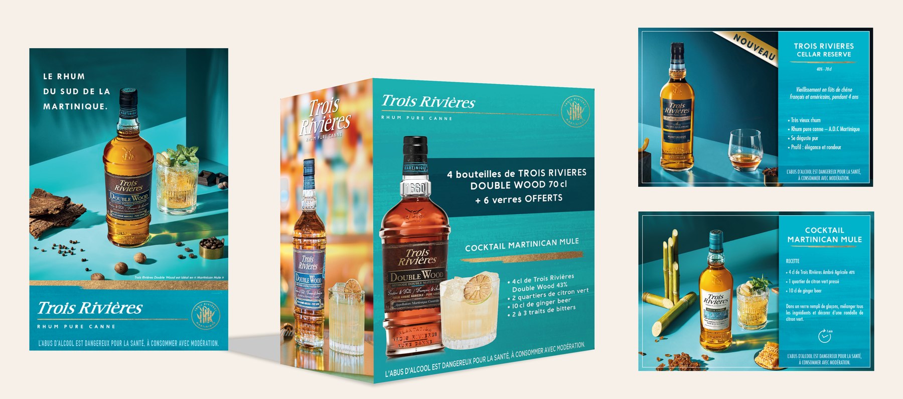 Trois Rivières : affiche, coffret 3D Double Wood et fiches produit, kit cocktail Martinican Mule