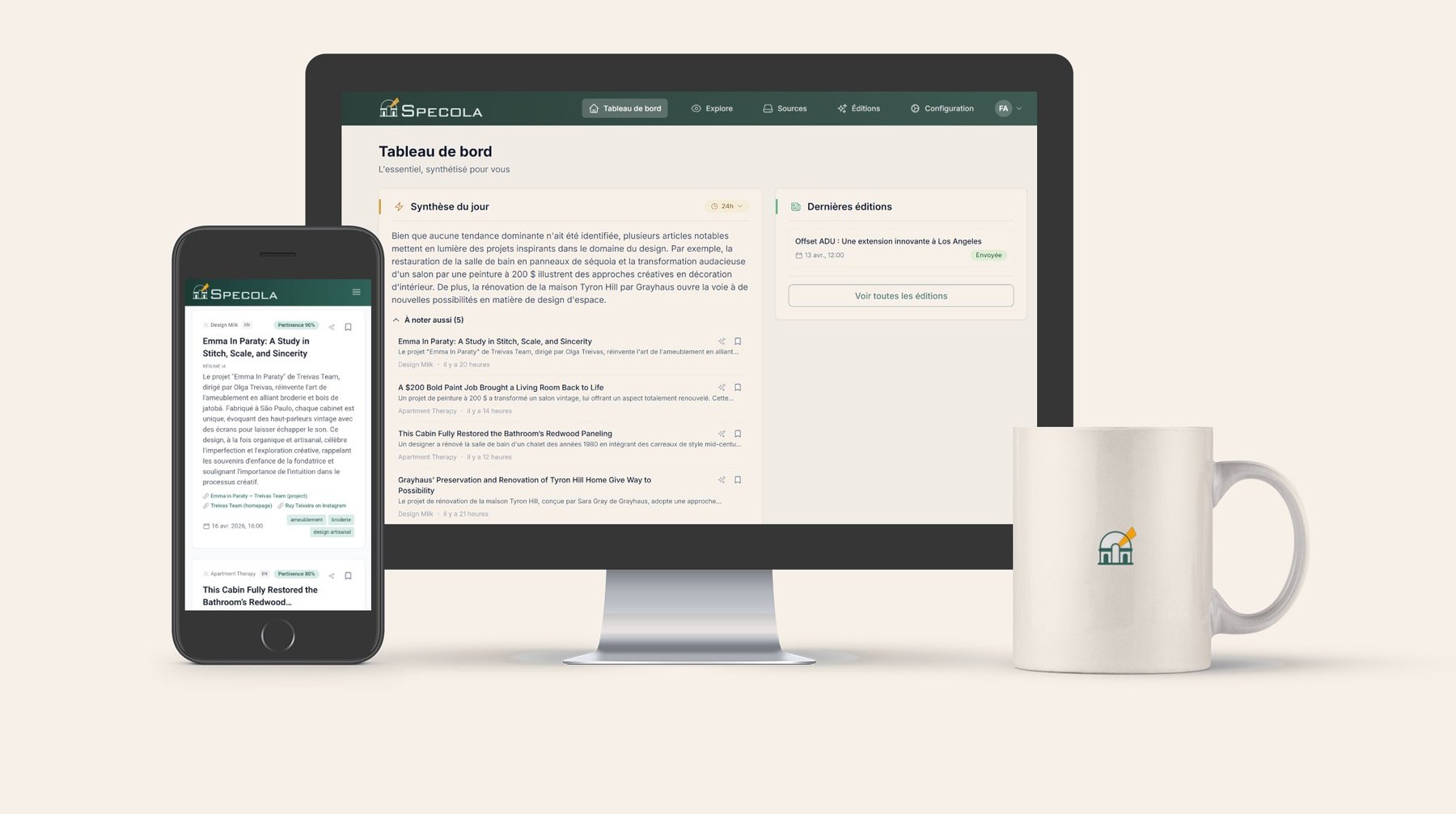 Interface Specola déclinée sur ordinateur et mobile, avec un mug aux couleurs de la marque